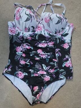 Torrid Floral Pink & Black One-Piece Swimsuit Size 3R